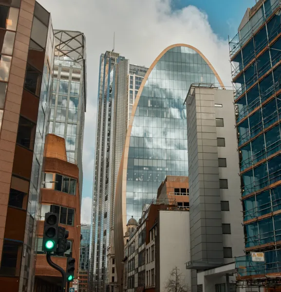 The skyline of London's financial district, taken from ground level.